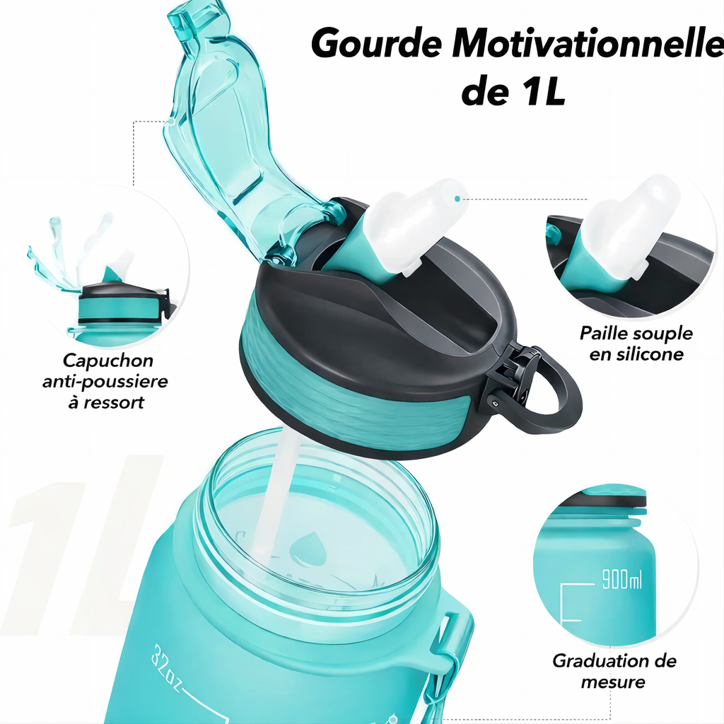 Gourde de sport graduée, avec paille - 1L