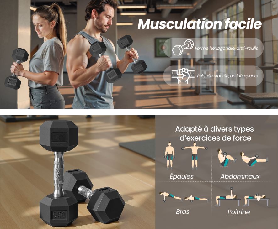 Paire d'Haltères Pro Hexagonaux - 4 à 10kg